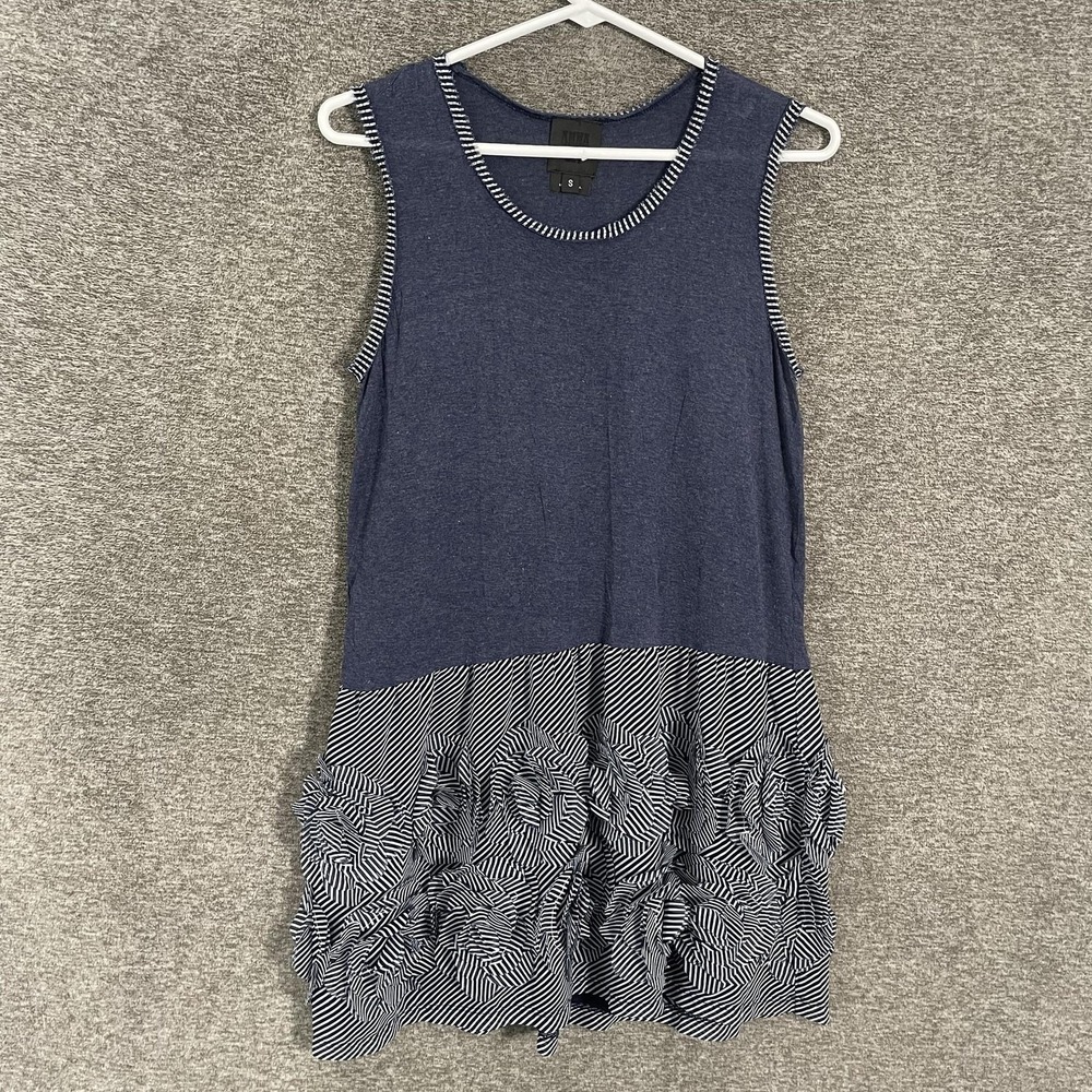 Anna Sui Dress Womens Small Blue Stripe Drop Waist Ruffle Hem Tank Jersey